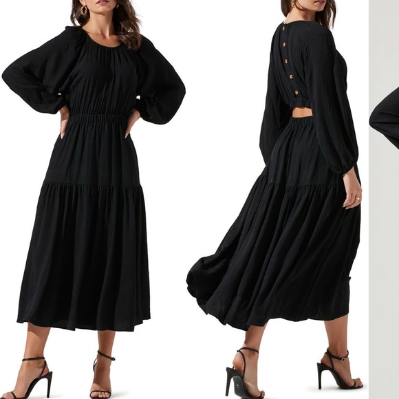 ASTR THE LABEL Long Black Maxi Dress With Blouson Sleeves And Back Cutout, New - Picture 1 of 3